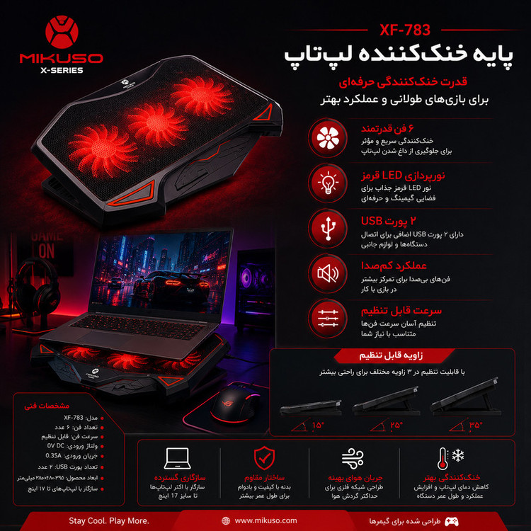 پایه خنککننده لپتاپ میکوسو مدل XF-783 دارای سه عدد فن مناسب برای لپ تاپهای 14.1 تا 15.6 اینچی