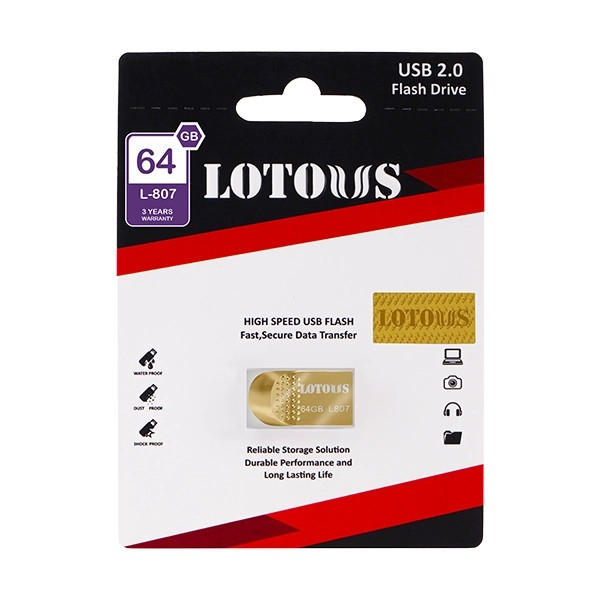 فلش مموری لوتوس مدل L807 ظرفیت 64 گیگابایت با رابط USB 2.0 Type-A، طراحی بندانگشتی و بدنه فلزی