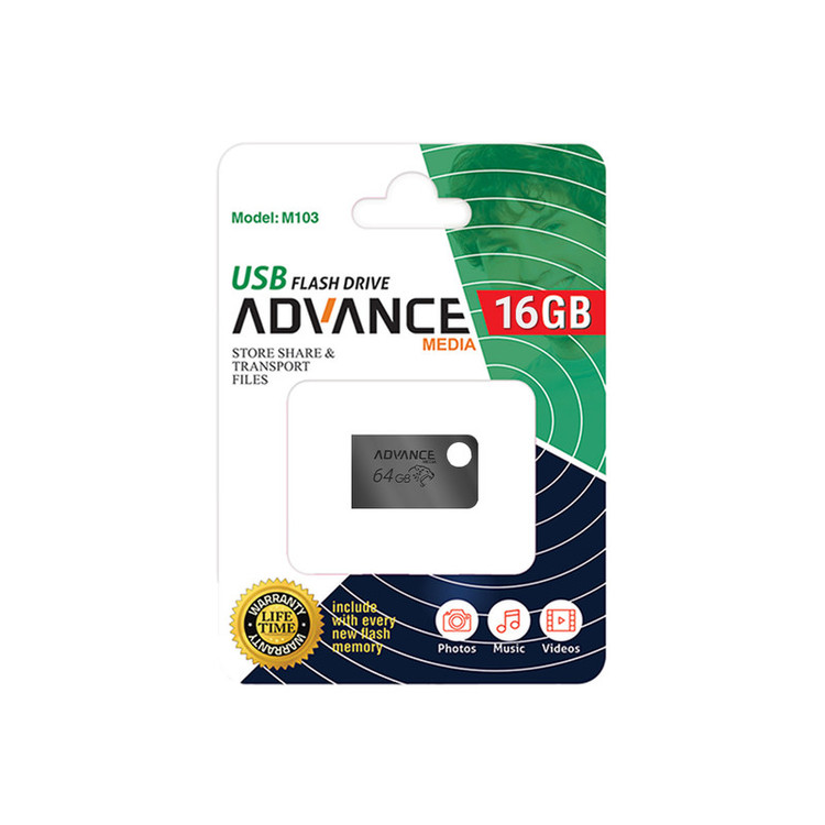فلش مموری 16 گیگابایت ادونس مدل M-103 با استاندارد USB 2.0 و رابط USB Type-A، بدنه فلزی و بند آویز