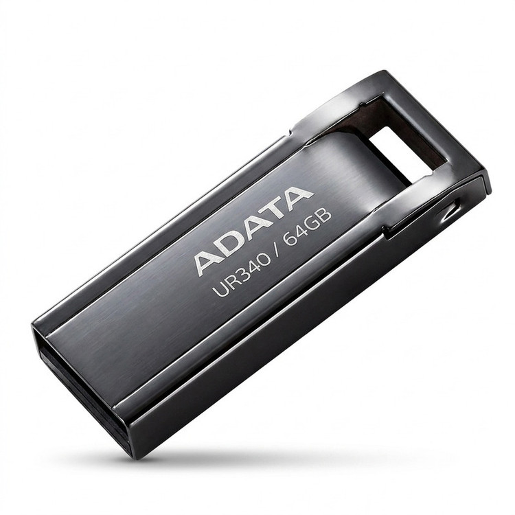 فلش مموری ای دیتا مدل UR340 ظرفیت 64 گیگابایت با بدنه فلزی، رابط USB 3.2 Gen1 Type-A، سرعت انتقال 100 مگابایت بر ثانیه و پشتیبانی از سیستمعاملهای ویندوز، مک و لینوکس