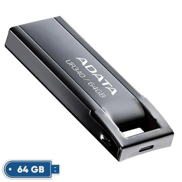 فلش مموری ای دیتا مدل UR340 ظرفیت 64 گیگابایت با بدنه فلزی، رابط USB 3.2 Gen1 Type-A، سرعت انتقال 100 مگابایت بر ثانیه و پشتیبانی از سیستمعاملهای ویندوز، مک و لینوکس