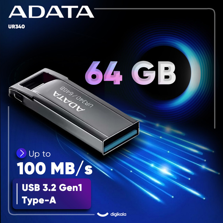فلش مموری ای دیتا مدل UR340 ظرفیت 64 گیگابایت با بدنه فلزی، رابط USB 3.2 Gen1 Type-A، سرعت انتقال 100 مگابایت بر ثانیه و پشتیبانی از سیستمعاملهای ویندوز، مک و لینوکس