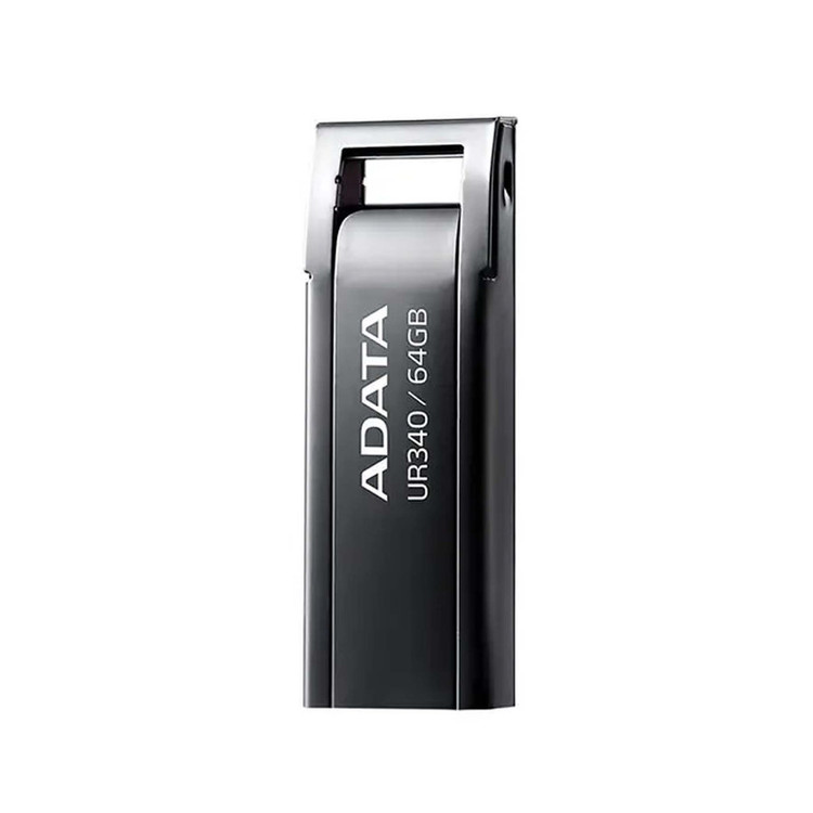 فلش مموری ای دیتا مدل UR340 ظرفیت 64 گیگابایت با بدنه فلزی، رابط USB 3.2 Gen1 Type-A، سرعت انتقال 100 مگابایت بر ثانیه و پشتیبانی از سیستمعاملهای ویندوز، مک و لینوکس