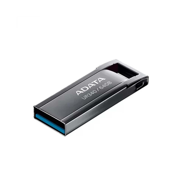 فلش مموری ای دیتا مدل UR340 ظرفیت 64 گیگابایت با بدنه فلزی، رابط USB 3.2 Gen1 Type-A، سرعت انتقال 100 مگابایت بر ثانیه و پشتیبانی از سیستمعاملهای ویندوز، مک و لینوکس