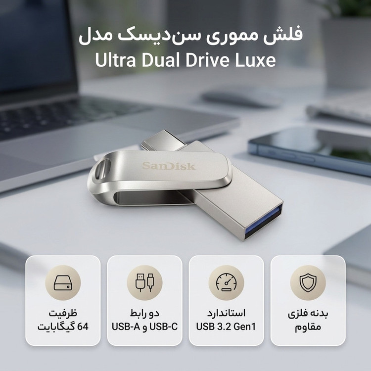 فلش مموری 64 گیگابایت سن دیسک مدل Ultra Dual Drive Luxe با 2 رابط USB Type-A و USB Type-C، استاندارد USB سهنقطهدو نسل 1، طراحی چرخشی و بدنه فلزی