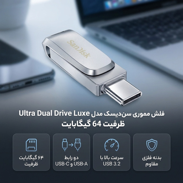 فلش مموری 64 گیگابایت سن دیسک مدل Ultra Dual Drive Luxe با 2 رابط USB Type-A و USB Type-C، استاندارد USB سهنقطهدو نسل 1، طراحی چرخشی و بدنه فلزی