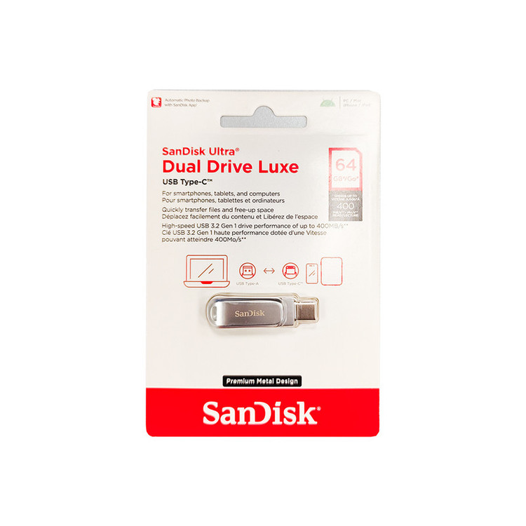 فلش مموری 64 گیگابایت سن دیسک مدل Ultra Dual Drive Luxe با 2 رابط USB Type-A و USB Type-C، استاندارد USB سهنقطهدو نسل 1، طراحی چرخشی و بدنه فلزی
