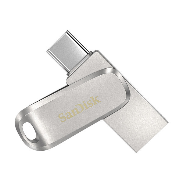 فلش مموری سن دیسک Ultra Dual Drive Luxe ظرفیت 256 گیگابایت با طراحی چرخشی، دو رابط USB Type-C و USB Type-A، استاندارد USB 3.2 Gen1، بدنه فلزی و سازگار با تبلت، گوشی، کامپیوتر و مک