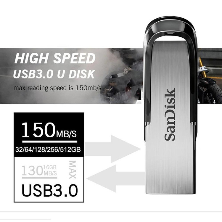 فلش مموری سن دیسک مدل Ultra Flair CZ73 ظرفیت 512 گیگابایت با بدنه فلزی، رابط USB 3.0 و سرعت خواندن 150 مگابایت بر ثانیه، سازگار با ویندوز، مک، گوشی، تبلت و تلویزیون