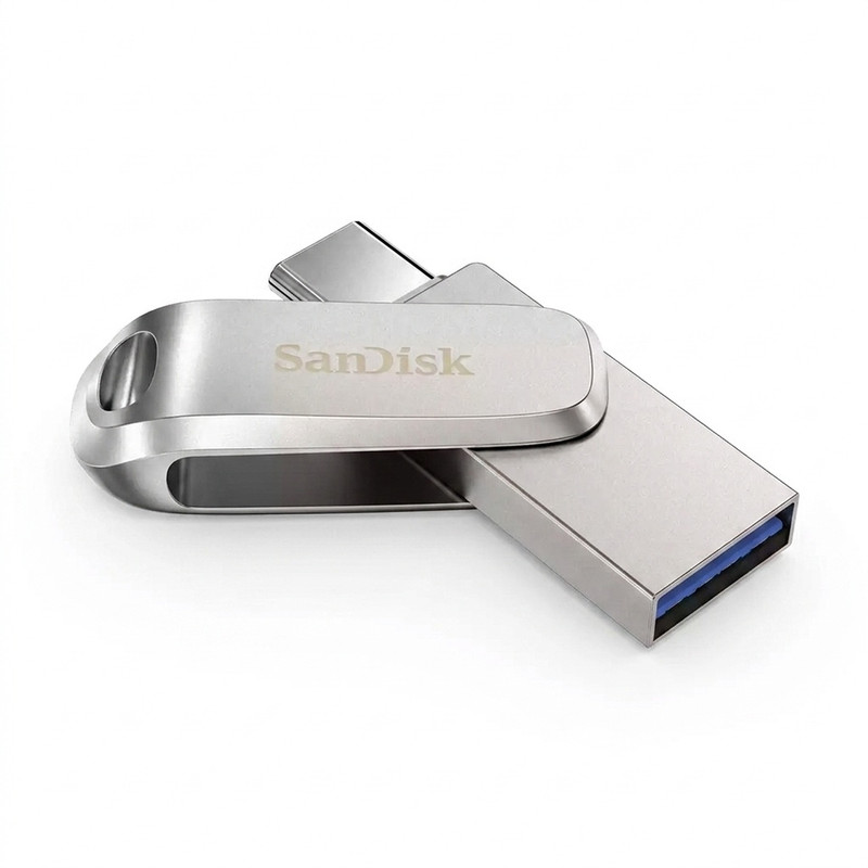 فلش مموری چرخشی 128 گیگابایتی سن دیسک مدل Ultra Dual Drive Luxe با رابط‌های USB Type-A و USB Type-C، استاندارد USB 3.2 Gen1 و بدنه فلزی