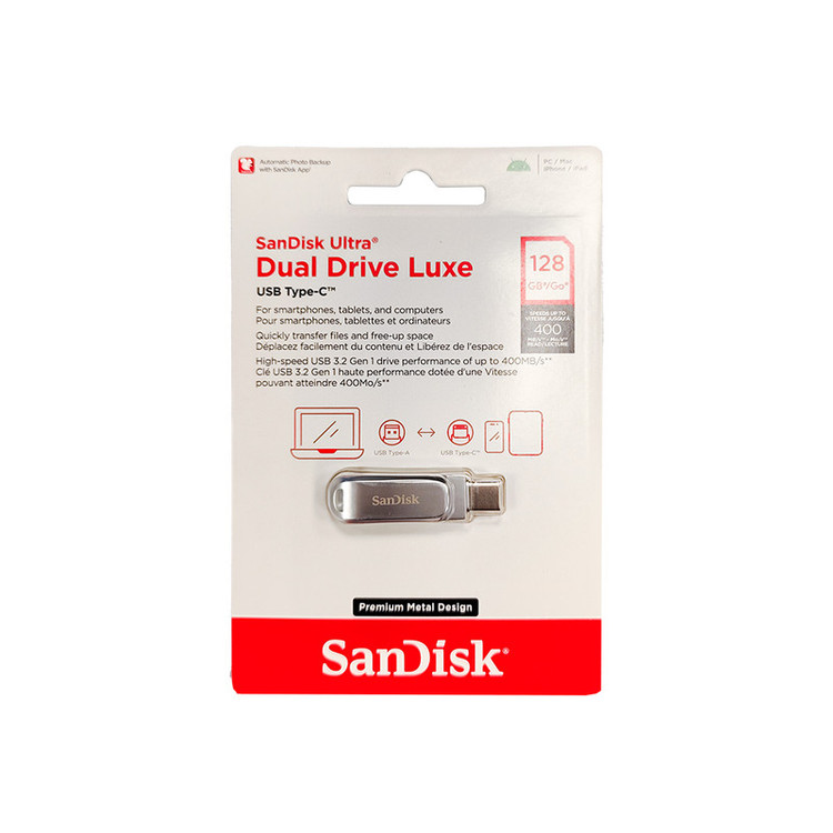 فلش مموری چرخشی 128 گیگابایتی سن دیسک مدل Ultra Dual Drive Luxe با رابطهای USB Type-A و USB Type-C، استاندارد USB 3.2 Gen1 و بدنه فلزی