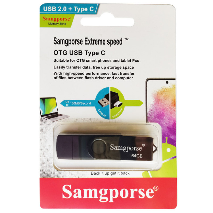 فلش مموری 64 گیگابایت سمگپرس مدل OTG USB Type C با قابلیت اتصال مستقیم به گوشیهای دارای درگاه Type C و درپوش محافظ درگاه