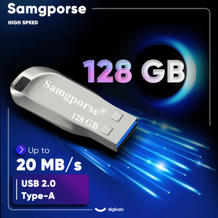 فلش مموری فلزی سمگپرس مدل HIGH SPEED ظرفیت 128 گیگابایت با رابط USB 2.0، سرعت خواندن 20 مگابایت بر ثانیه، طراحی بدون درپوش و شیار اتصال بند، سازگار با تمامی سیستمعاملها و دستگاههای موبایل، کامپیوتر، لپتاپ و تلویزیون