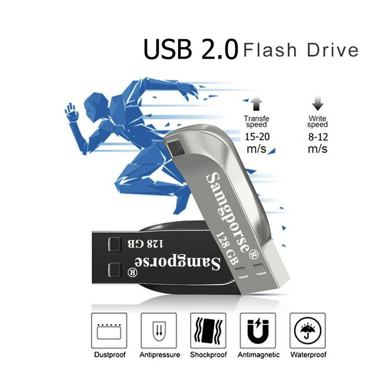فلش مموری فلزی سمگپرس مدل HIGH SPEED ظرفیت 128 گیگابایت با رابط USB 2.0، سرعت خواندن 20 مگابایت بر ثانیه، طراحی بدون درپوش و شیار اتصال بند، سازگار با تمامی سیستمعاملها و دستگاههای موبایل، کامپیوتر، لپتاپ و تلویزیون