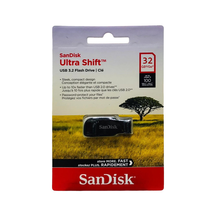 فلش مموری سن دیسک مدل ULTRA SHIFT CZ410 ظرفیت 32 گیگابایت با رابط USB 3.2 Gen1 Type-A، سازگار با ویندوز، لینوکس، اندروید و مک OS، با بدنه پلاستیکی ضد اثر انگشت و لک