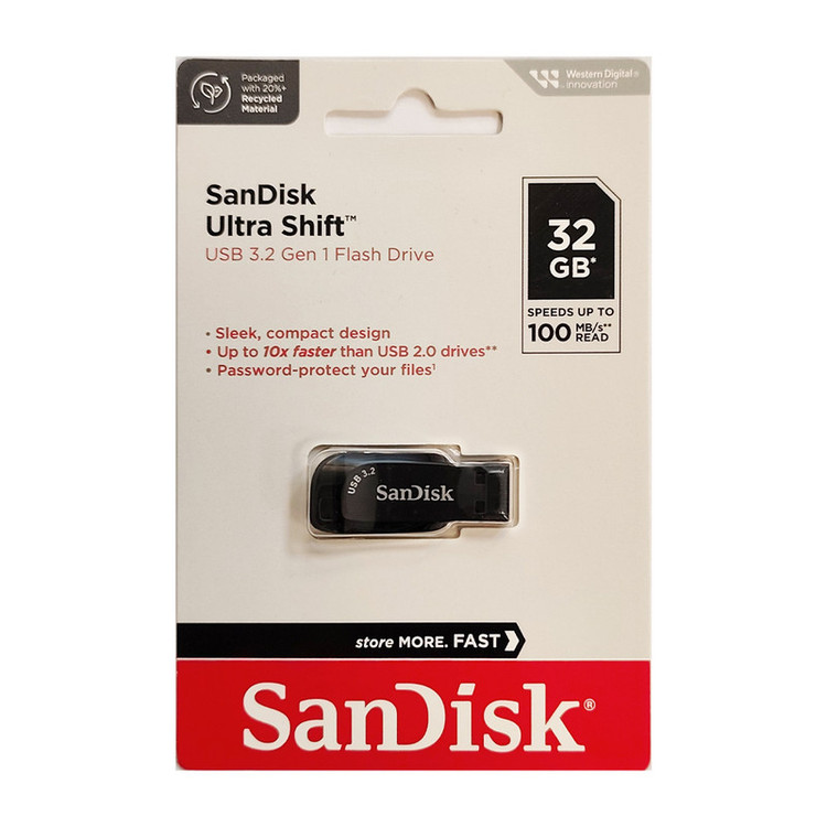 فلش مموری سن دیسک مدل ULTRA SHIFT CZ410 ظرفیت 32 گیگابایت با رابط USB 3.2 Gen1 Type-A، سازگار با ویندوز، لینوکس، اندروید و مک OS، با بدنه پلاستیکی ضد اثر انگشت و لک