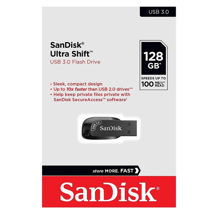 فلش مموری سن دیسک مدل ULTRA SHIFT CZ410 ظرفیت 128GB، سرعت خواندن 100MB/s، مجهز به USB 3.1 با سرعت 15 برابر USB 2.0، دارای نرمافزار امنیتی و بازیابی فایل، مناسب ضبط خودرو و تلویزیون