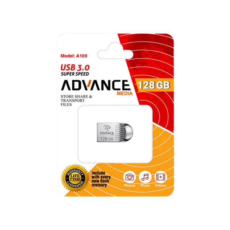 فلش مموری 128 گیگابایتی ادونس مدل A109، با استاندارد USB 3.0 و رابط USB Type-A، بدنه فلزی، قابلیت Plug & Play