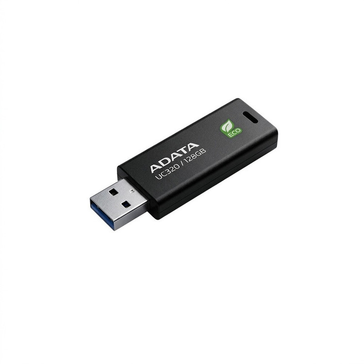 فلش مموری ای دیتا مدل UC320 ظرفیت 128 گیگابایت با رابط USB 3.2، مقاوم در برابر ضربه و طراحی کشویی، سازگار با سیستمعاملهای ویندوز، مک و لینوکس، ساخته شده از پلاستیک بازیافتی