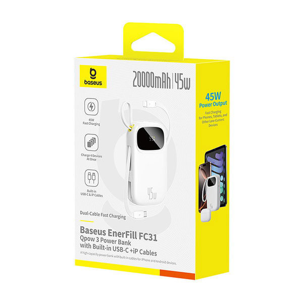 پاوربانک 45 وات بیسوس مدل EnerFill FC31 Qpow3 ظرفیت 20000 میلیآمپرساعت به همراه 2 عدد کابل لایتنینگ / USB-C