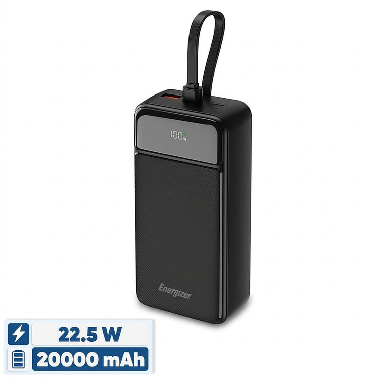 پاوربانک 22.5 وات انرجایزر مدل UE20084PQ ظرفیت 20000 میلیآمپرساعت به همراه سه کابل متصل USB-C و لایتنینگ