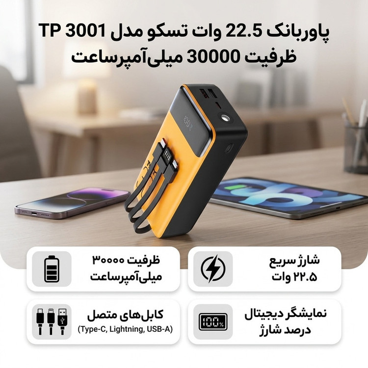 پاوربانک 22.5 وات تسکو مدل TP 3001 ظرفیت 30000 میلیآمپرساعت