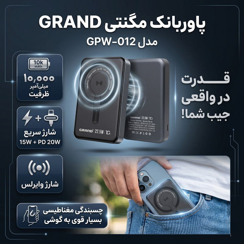 پاوربانک 15 وات گرند اسکای طرح مگ سیف مدل GPW-12 ظرفیت 10000 میلیآمپرساعت