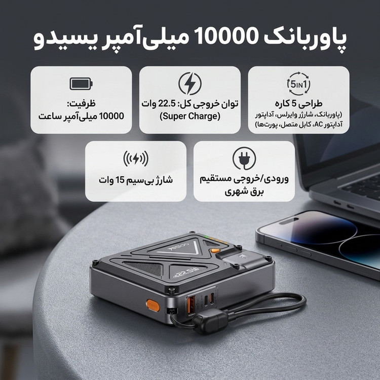 پاوربانک بیسیم 22.5 وات یسیدو مدل YP89 ظرفیت 10000 میلیآمپرساعت به همراه بند آویز