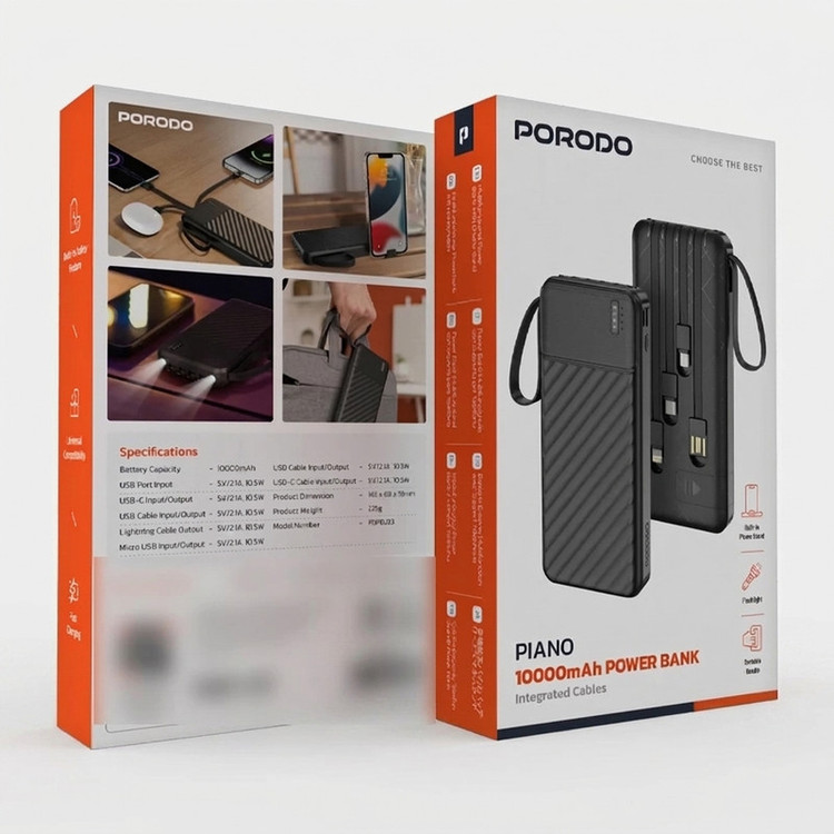 پاوربانک 10.5 وات پرودو مدل PIANO ظرفیت 10000 میلیآمپرساعت به همراه چهار عدد کابل MicroUSB/ USB-C / USB / لایتنینگ
