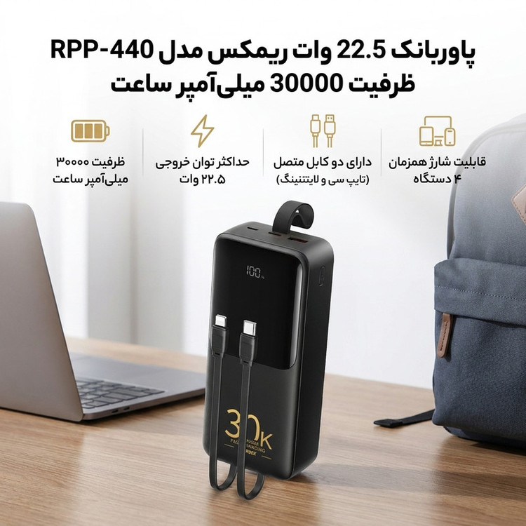 پاوربانک 22.5 وات ریمکس مدل RPP-440 ظرفیت 30000 میلی آمپر ساعت به همراه کابل USB-C و لایتنینگ