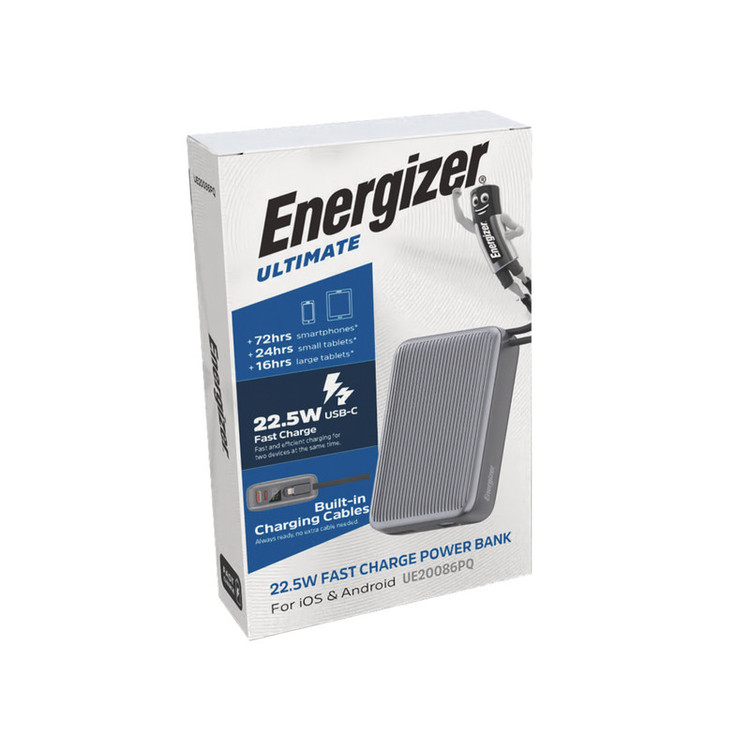 پاوربانک 22.5 وات انرجایزر مدل UE20086PQ ظرفیت 20000 میلیآمپرساعت به همراه کابل متصل لایتنینگ
