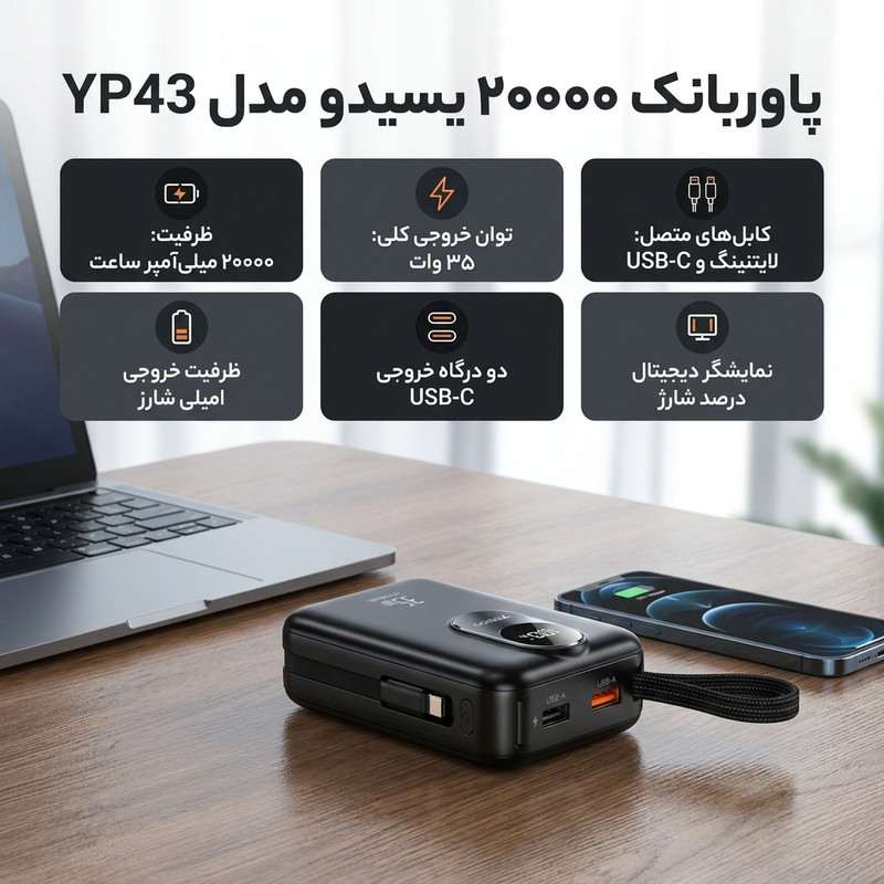 پاور بانک 35 وات یسیدو مدل YP94 ظرفیت 20000 میلی آمپر ساعت